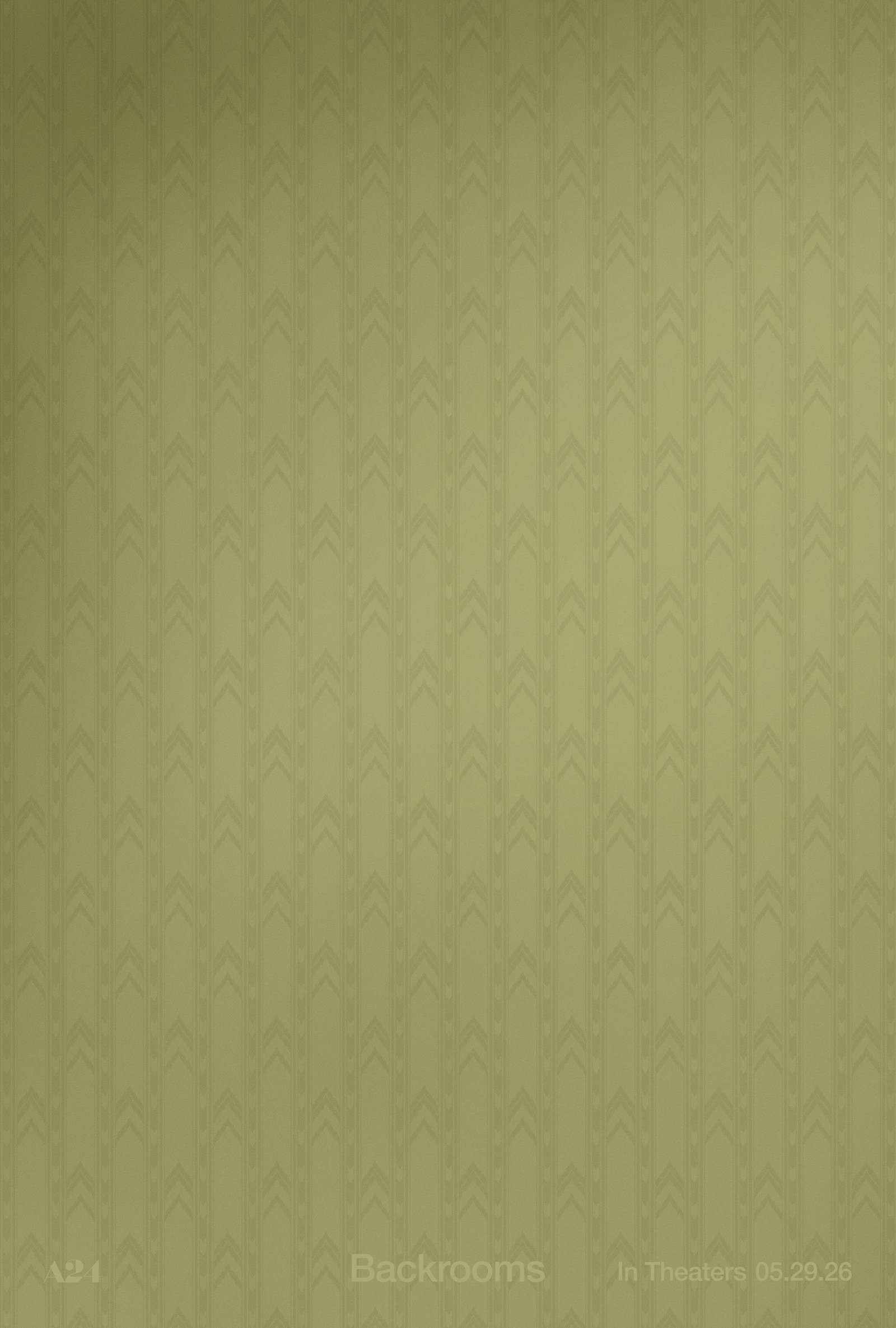 Official A24 one-sheet: the Backrooms' yellow chevron wallpaper filling the frame