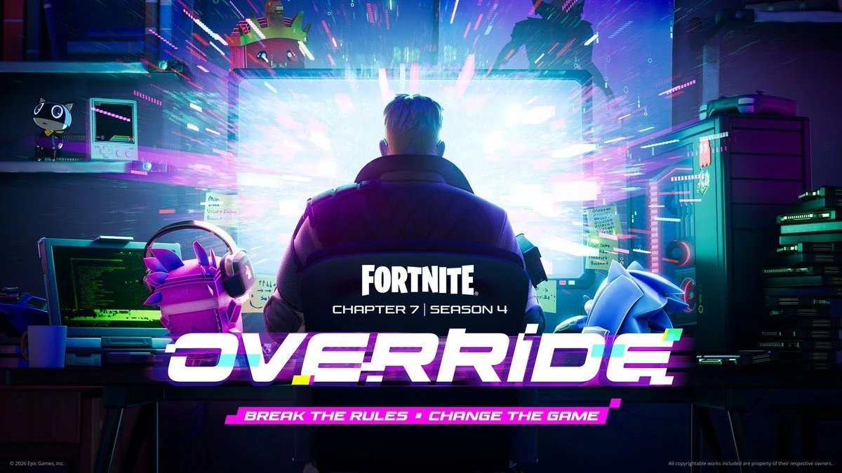 Official Fortnite Chapter 7 Season 4 Override key art: a character sits at a glowing retro battle station surrounded by gaming memorabilia, with the OVERRIDE logo and BREAK THE RULES · CHANGE THE GAME tagline