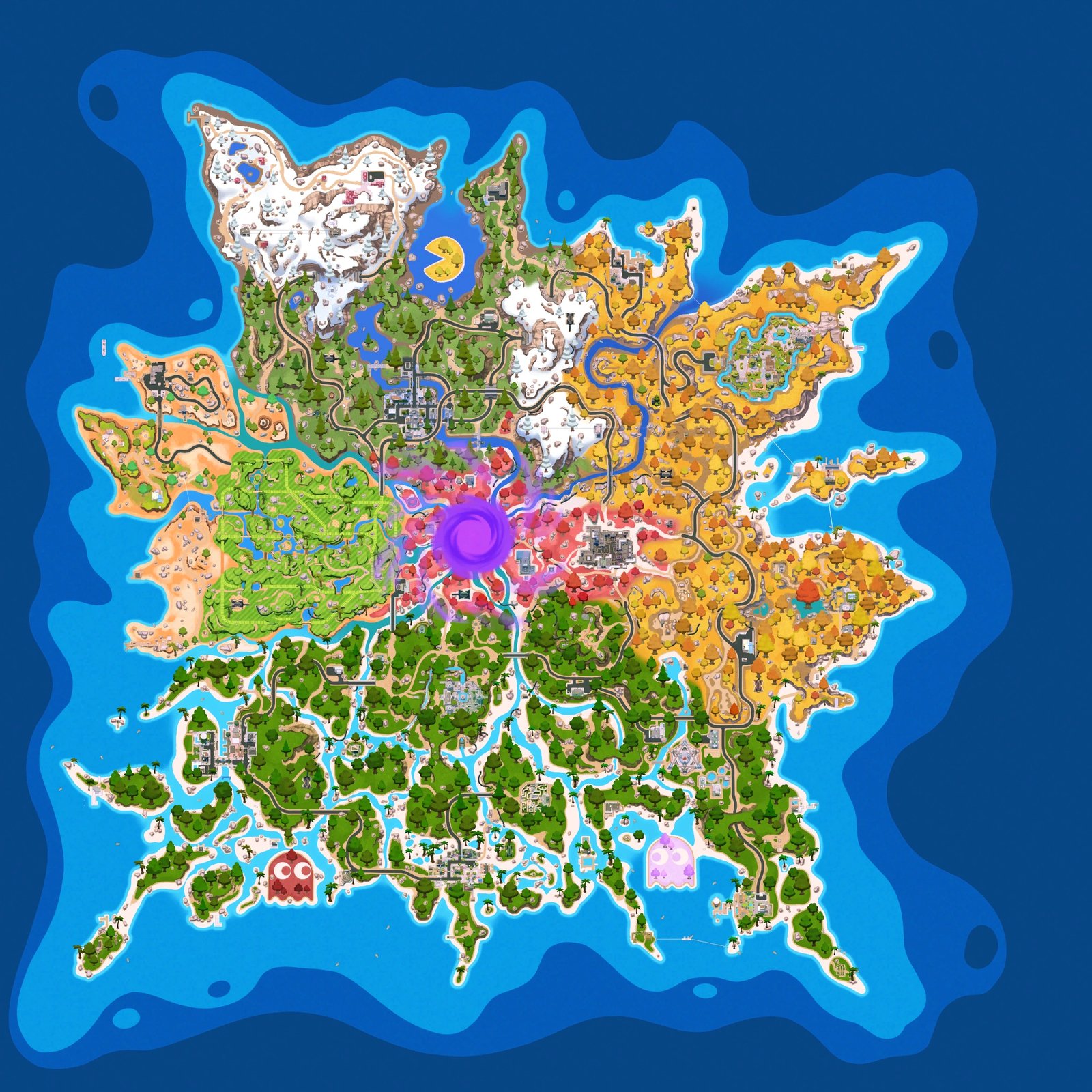 Official overview of the Fortnite island as of the v42.00 update — the Shattered Coast with its mixed biomes, the purple Zero Point rift scar in the centre and the Green Hill Zone hills in the north-east