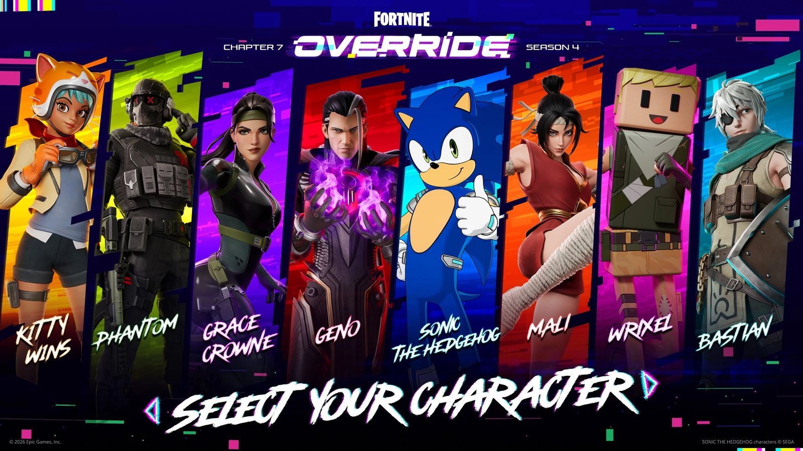 Official Override battle pass promo art: the eight pass outfits in a SELECT YOUR CHARACTER lineup — K1TTY W1NS, Phantom, Grace Crowne, Geno, Sonic the Hedgehog, Mali, Wrixel and Bastian