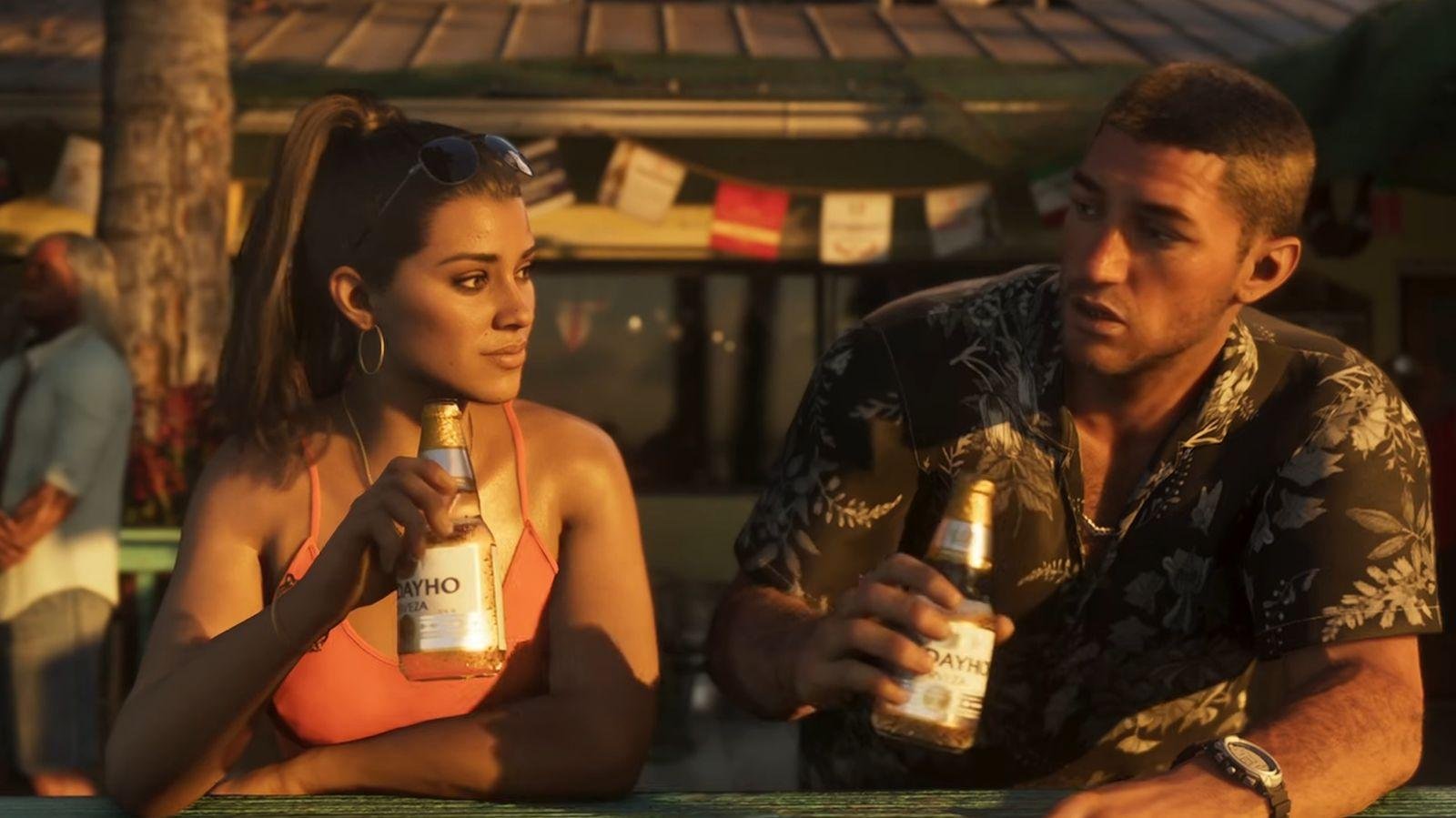Official GTA VI screenshot: Lucia and Jason share drinks at a sunset beach bar in Leonida, both looking at something off-frame