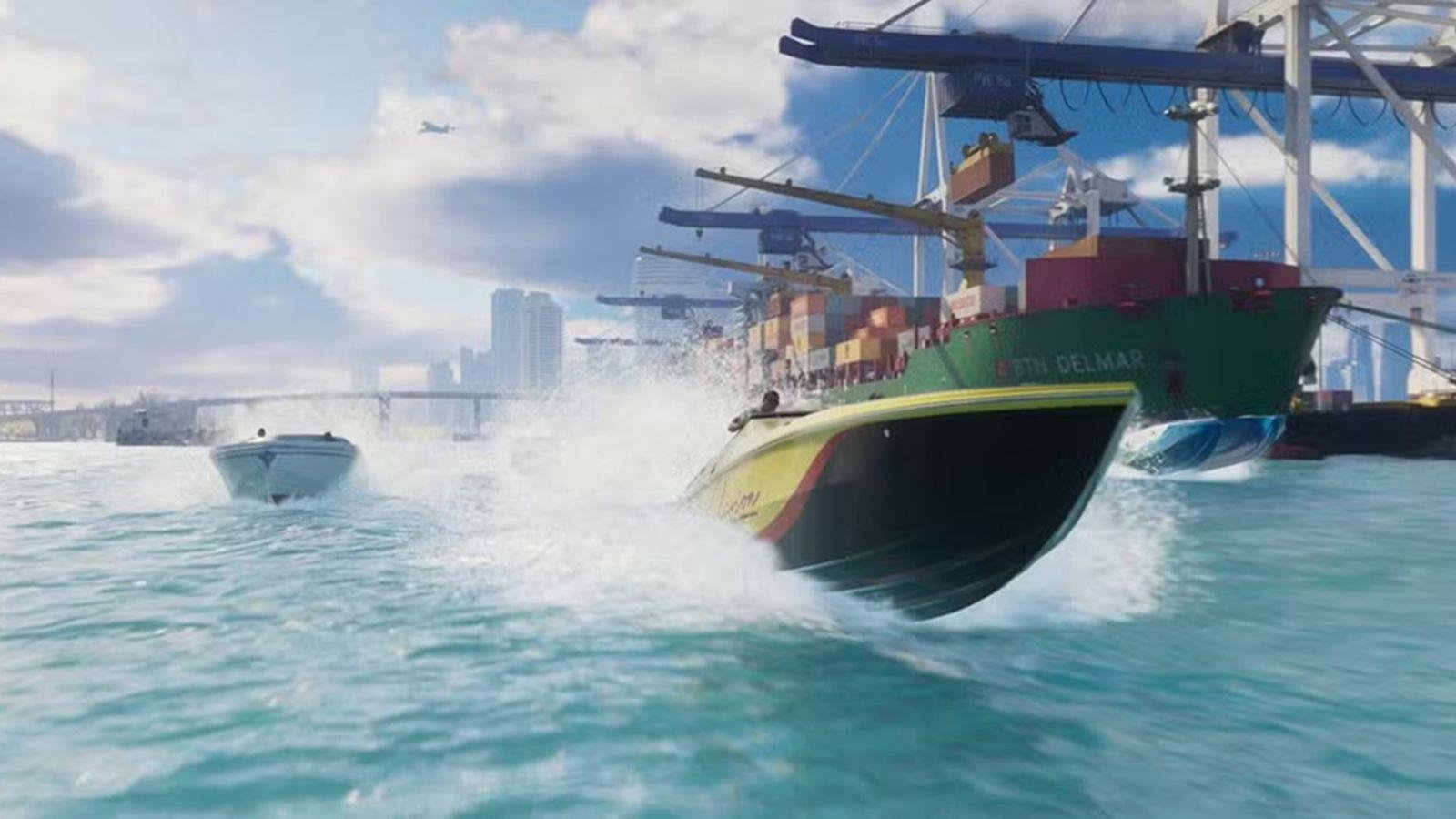 Official GTA VI screenshot: an airboat races across turquoise harbor water in front of a massive cargo ship, with Vice City's skyline in the background