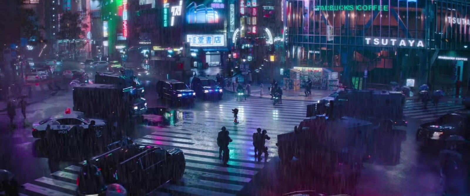 Sonic the Hedgehog 3 film still: Shadow stands alone in a rain-soaked neon Tokyo crossing at night, facing down police lines — no Sonic 4 art exists yet, so this is the mood board