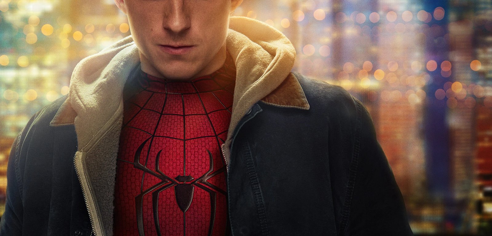 Official Spider-Man: Brand New Day banner art: Peter Parker pulls open his jacket to reveal the new classic red-and-blue Spider-Man suit beneath, against a blurred neon New York skyline