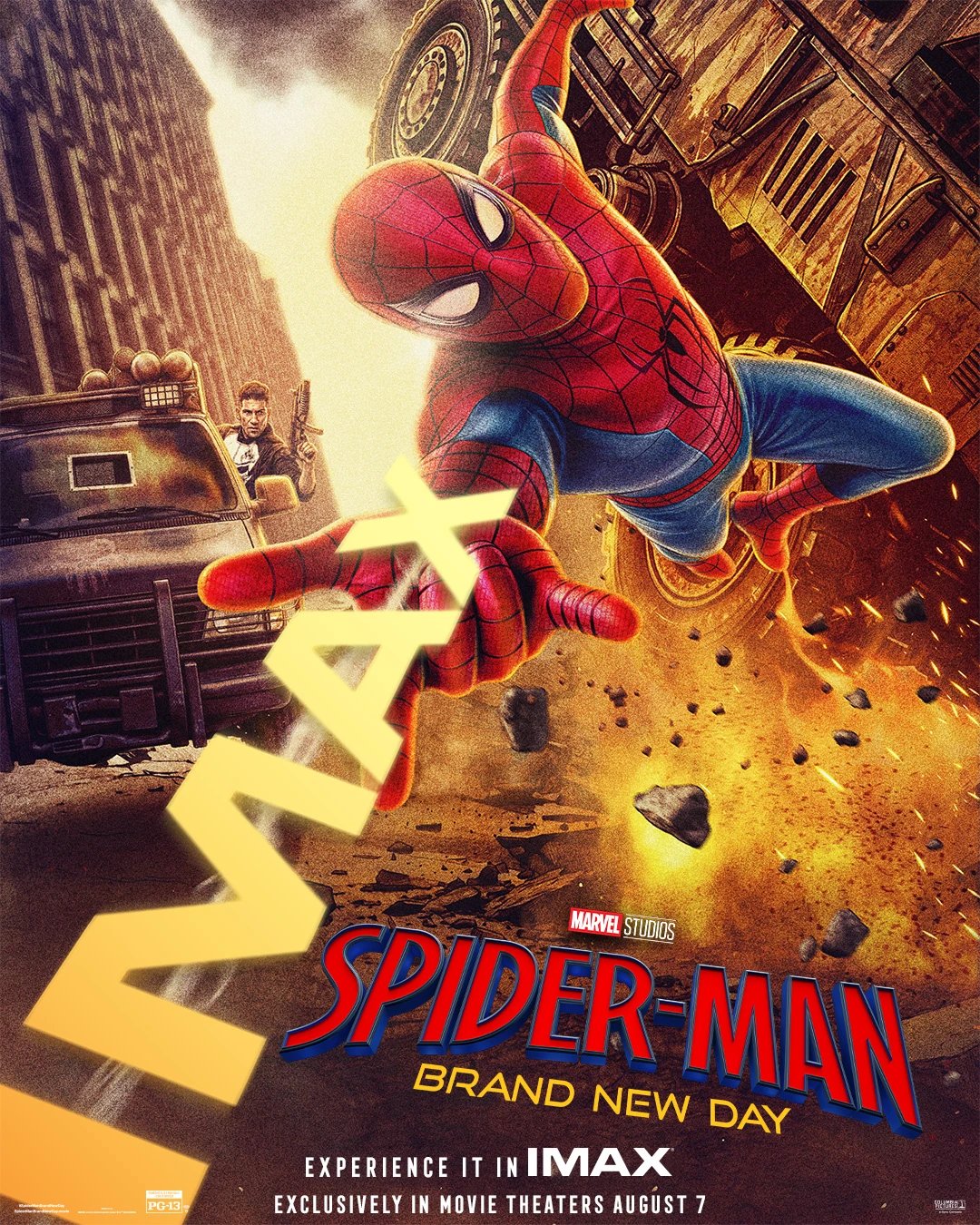 Official IMAX poster for Spider-Man: Brand New Day: Spider-Man reaches toward the viewer through floating debris while the Punisher stands by a van in the background