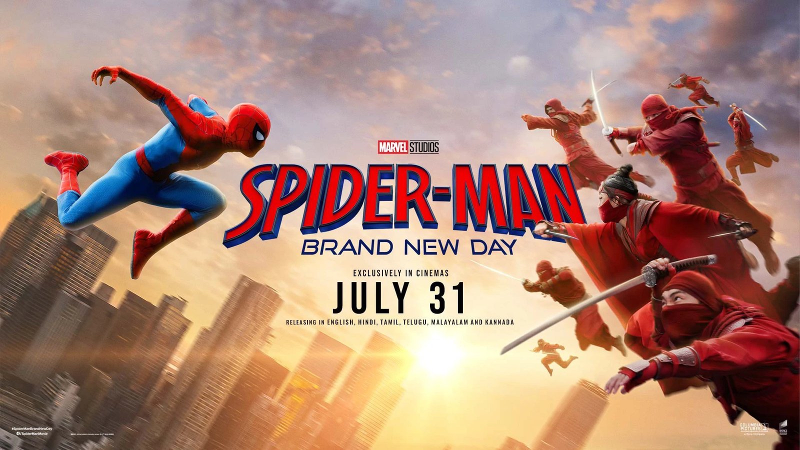 Official Brand New Day art: Spider-Man dives through a sunset-lit city toward a swarm of red-clad Hand ninjas with swords, over a July 31 theatrical release banner